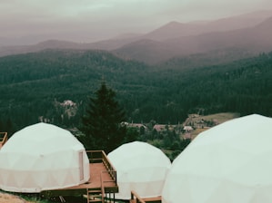 Geodesic domes are situated on a wooden deck overlooking a vast forested landscape with mountains in the background. The overcast sky and mist create a serene and tranquil ambiance.