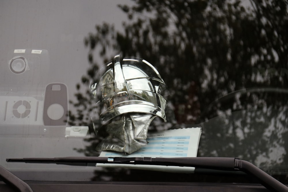 a helmet on a car