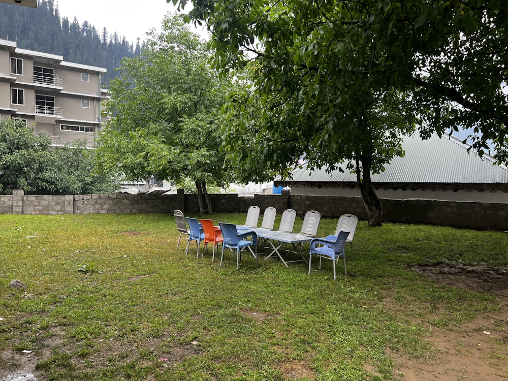 Un grupo de sillas y un árbol en un patio