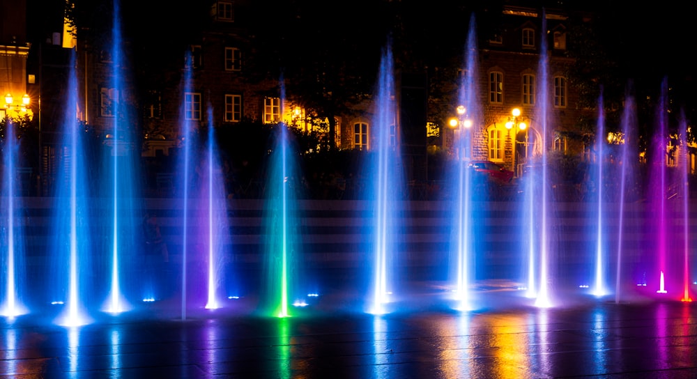 a fountain with colorful lights