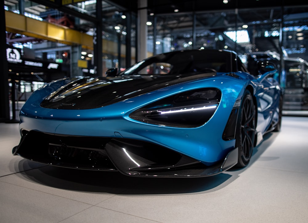 a shiny blue sports car