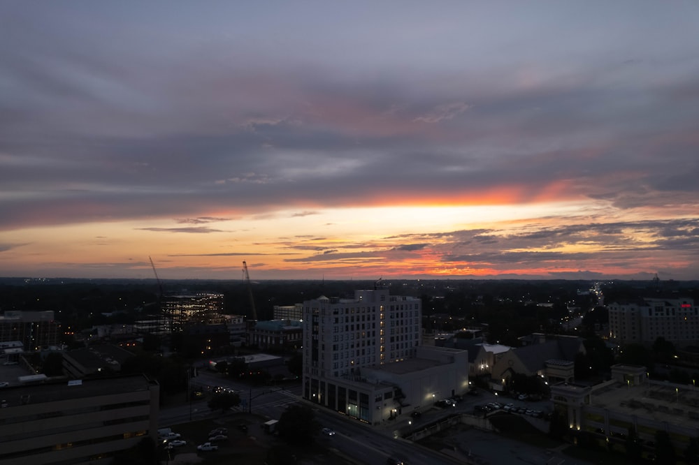 a city with a sunset