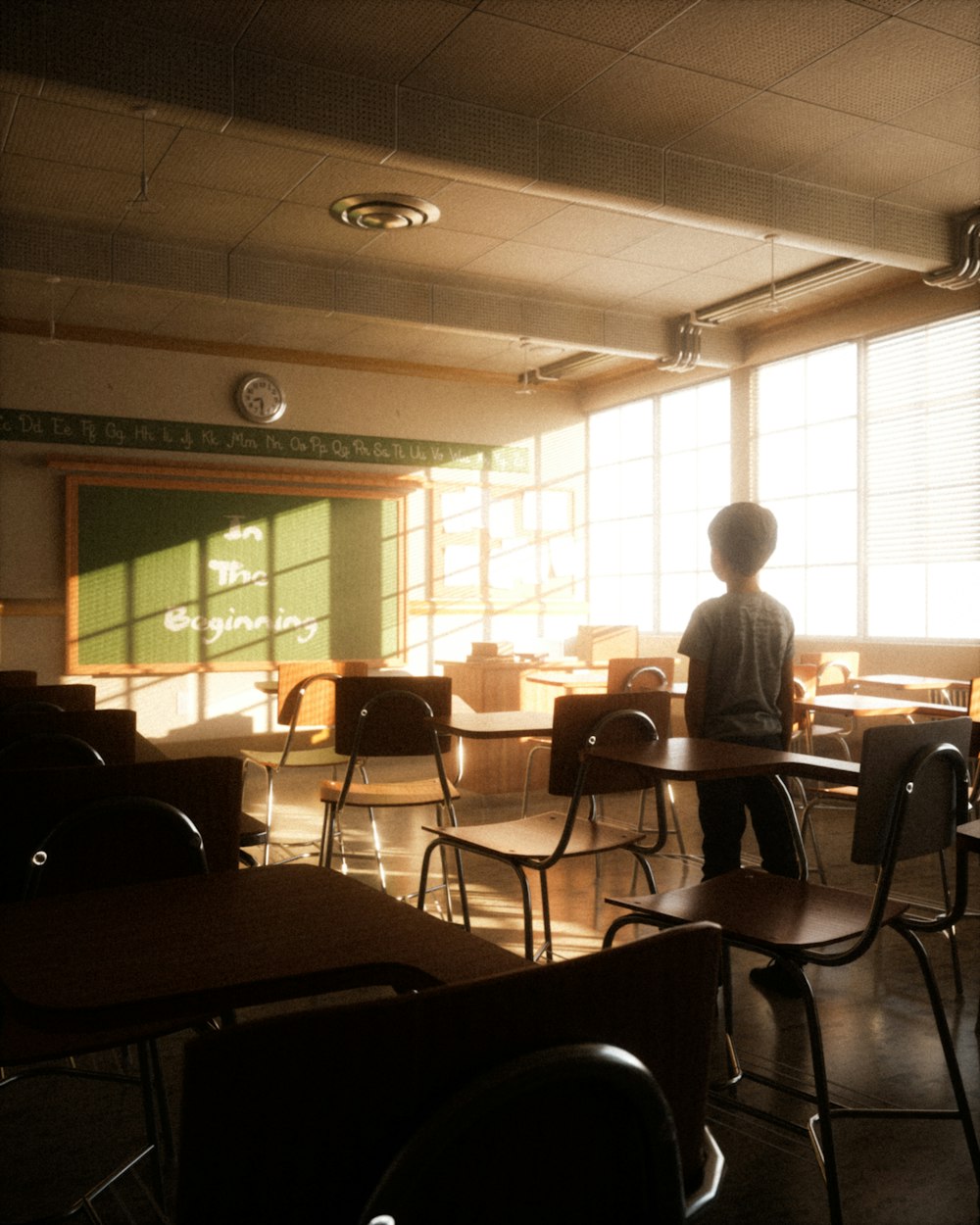 a person standing in a room with tables and chairs