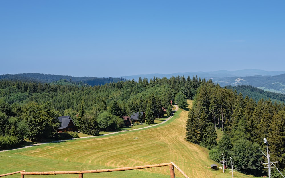 a green landscape with trees and a house