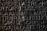 A detailed view of a textured, metallic surface with raised letters forming words and phrases. The text appears to be sculpted or engraved into the metal with an intricate design.