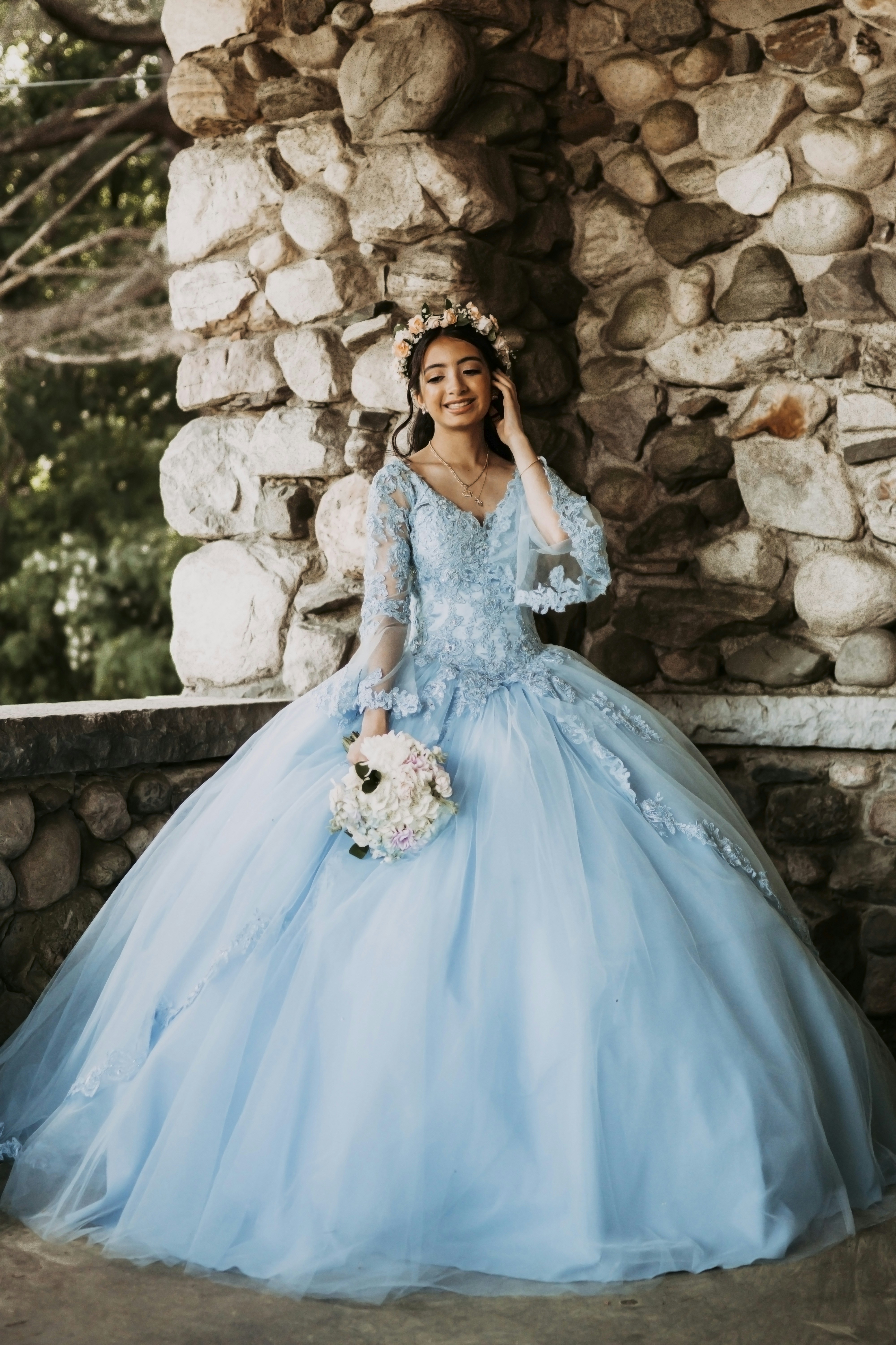 a woman in a blue dress