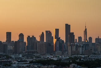 a city skyline at sunset