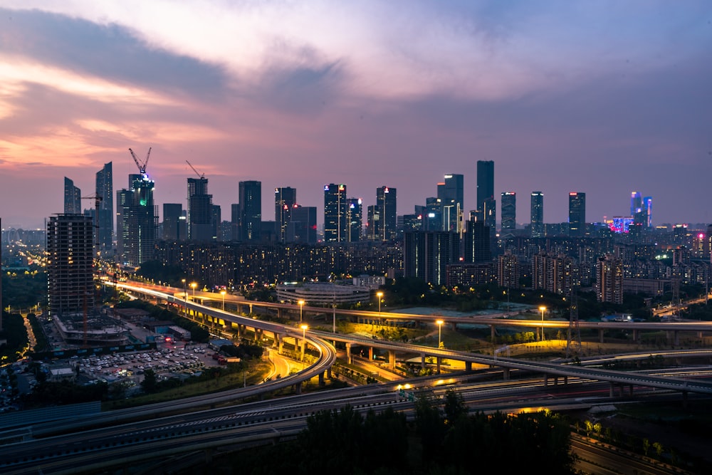 a city skyline at sunset