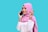 A smiling person wearing a pink hijab and white shirt holds a smartphone to their ear against a solid turquoise background. The individual appears to be engaged in a phone conversation, with a cheerful expression and an animated pose.