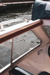 A portion of a boat interior with visible upholstery and a wooden armrest, partially overlooking a body of water with gentle ripples. The water is bordered by a concrete edge and metal railing.