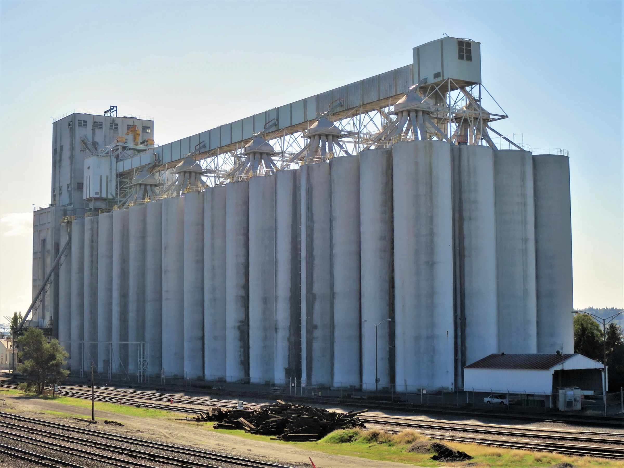 Large concrete grain elevator standing beside rail tracks in the agricultural heartland