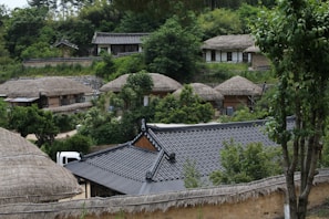A cluster of traditional thatched-roof houses set among lush green trees. The architectural style is indicative of a historic or cultural village with buildings nestled into a hillside. The scene is serene, with a mixture of natural elements surrounding the structures, including trees and bushes.