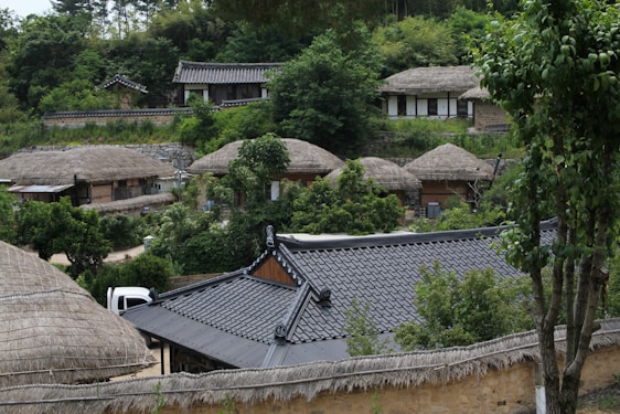 A cluster of traditional thatched-roof houses set among lush green trees. The architectural style is indicative of a historic or cultural village with buildings nestled into a hillside. The scene is serene, with a mixture of natural elements surrounding the structures, including trees and bushes.