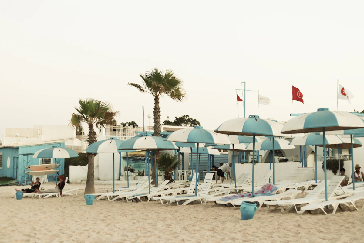 A beach lined with umbrellas and sun loungers