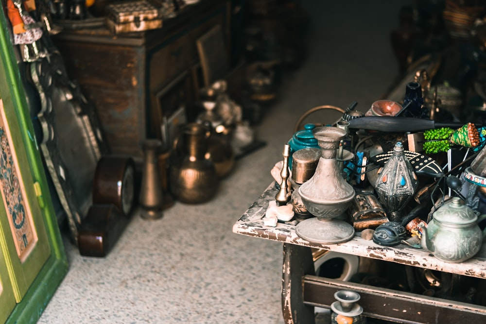 a room with old antique pottery