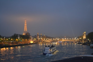 a boat on the water with a city in the background