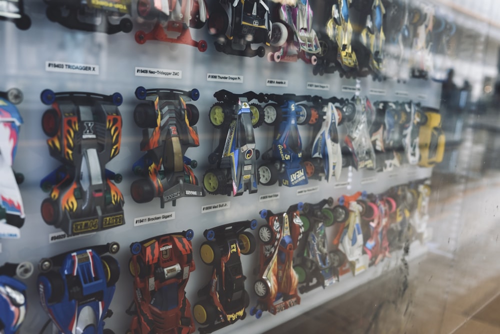 a wall of skateboards