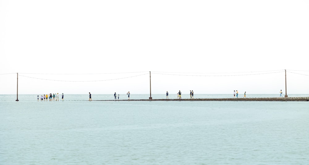 a group of people walking on a beach