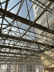 A complex metal framework creating a geometric pattern against a bright sky. Glass panels in the roof allow natural light to illuminate the interior, casting intricate shadows on the surrounding surfaces.