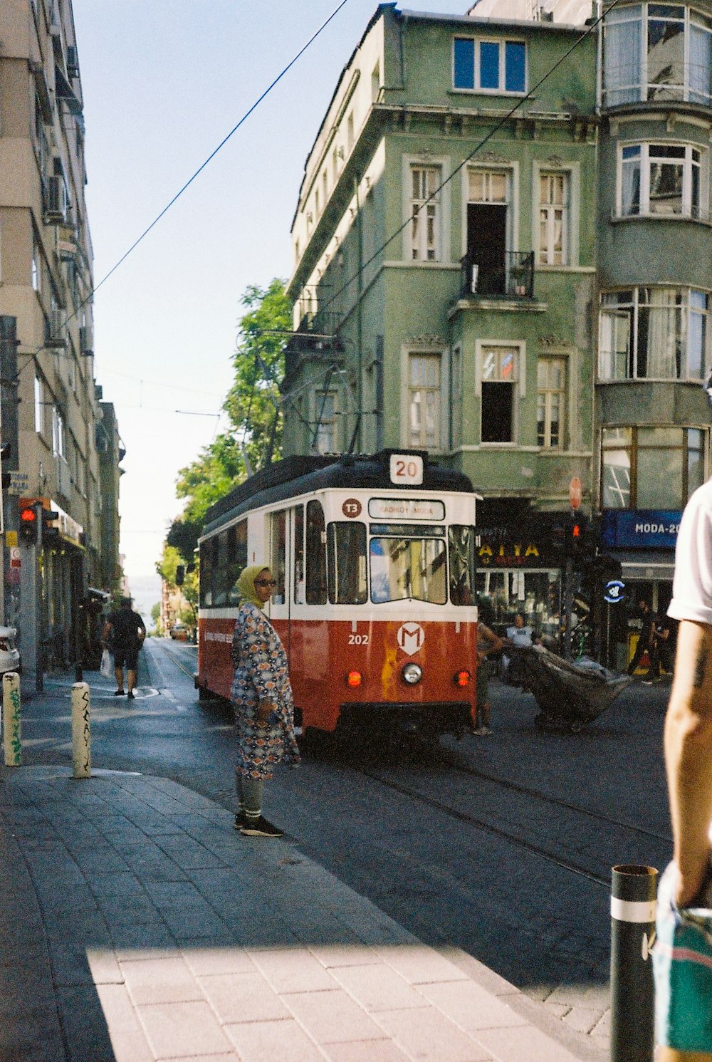 a trolley on a city street