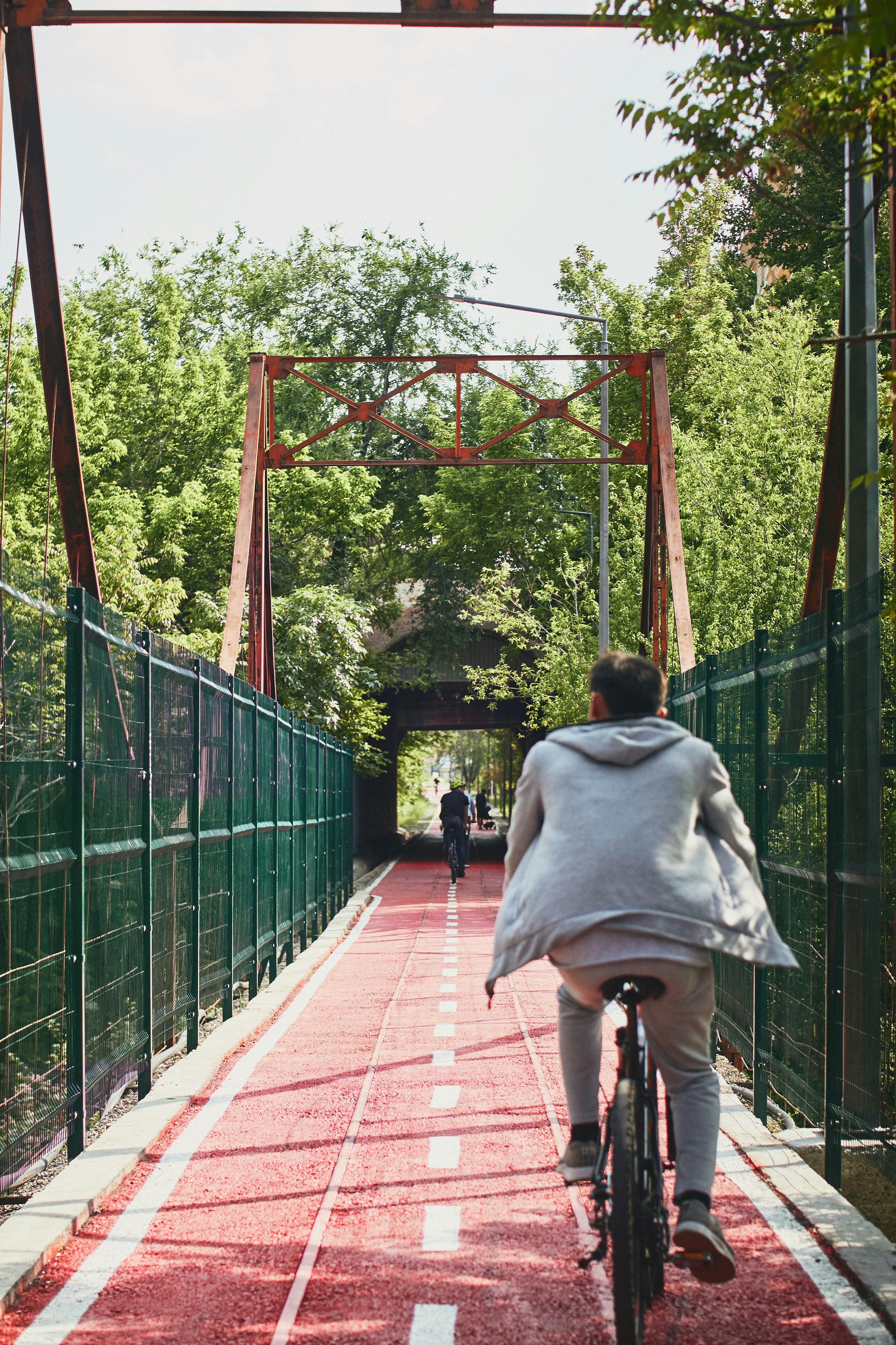 a person riding a bicycle on a bridge