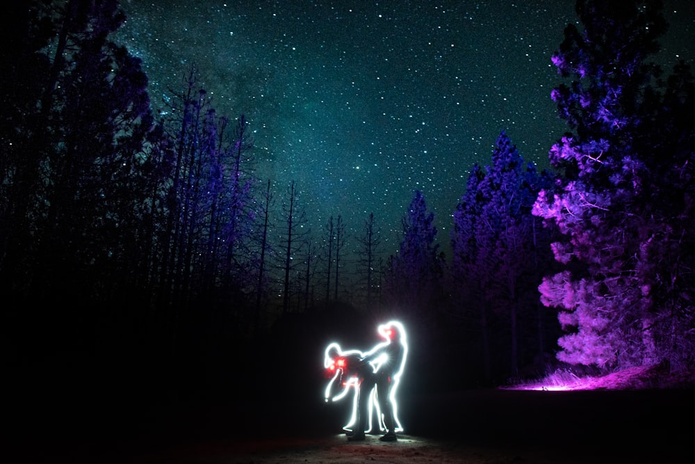 a couple of people on a stage with trees and lights in the background