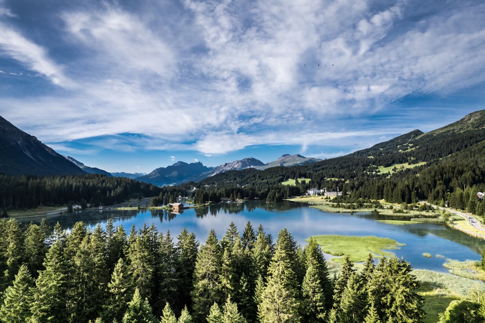 Ein Fluss, umgeben von Bäumen und Bergen