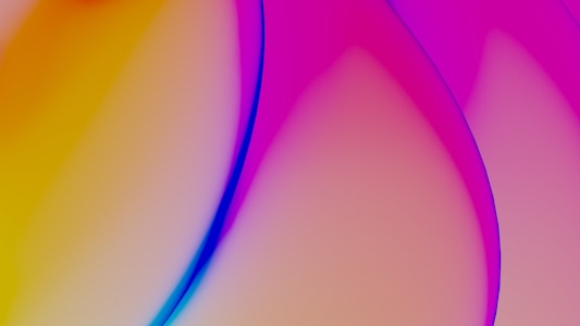A vibrant abstract design featuring smooth curved lines and gradients of pink, purple, and yellow. The colors blend seamlessly, creating a sense of fluid motion.