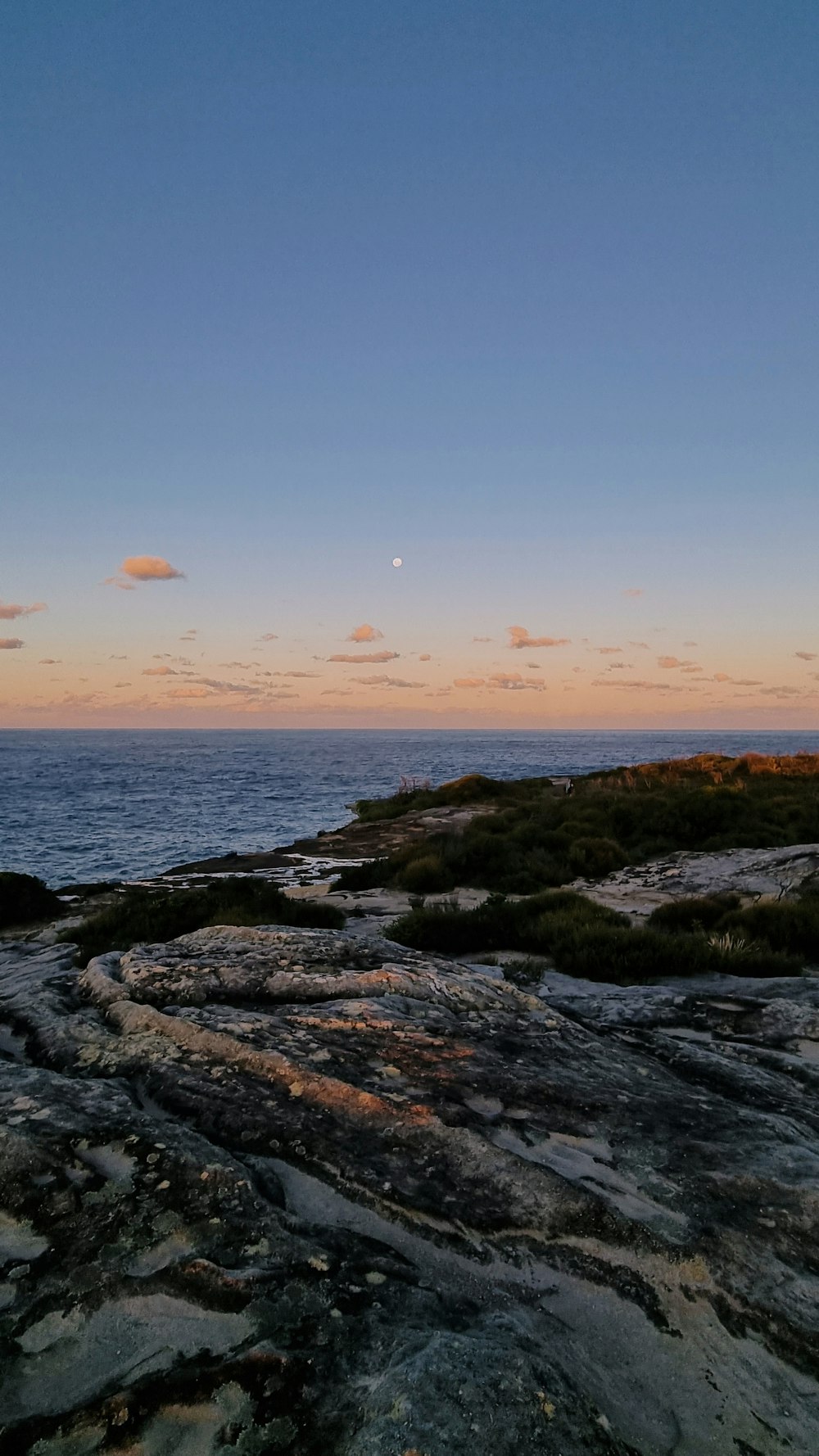 a rocky beach with a body of water in the background