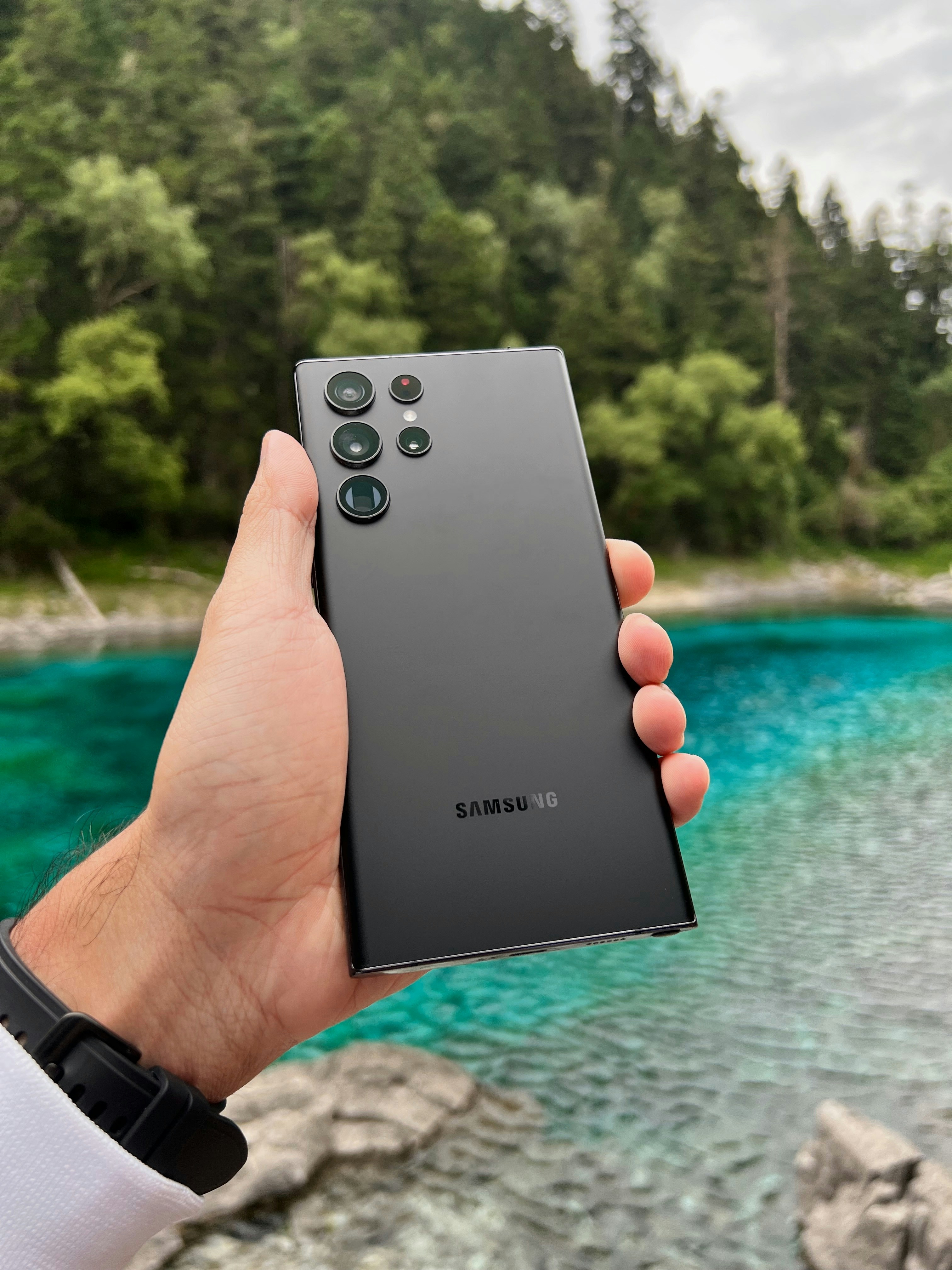 Samsung Galaxy smartphone displaying vibrant landscape photo
