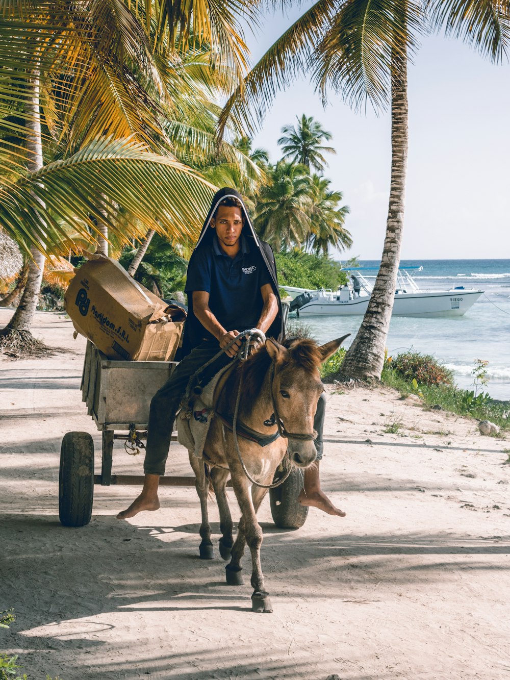 a man riding a donkey