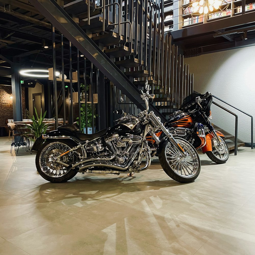 motorcycles parked in a building