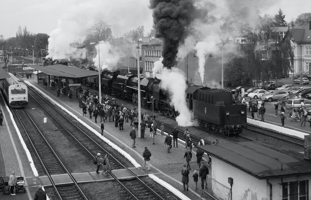 a group of people stand near some trains