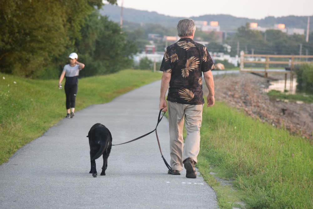 a man and a woman walking a dog on a path
