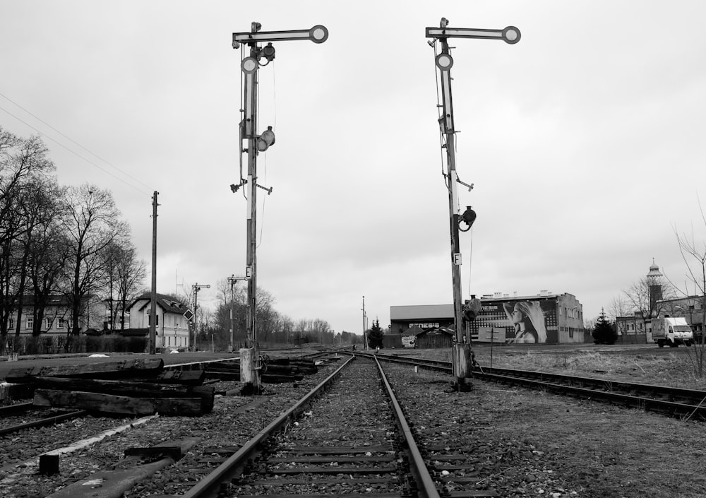 a railroad track with power lines