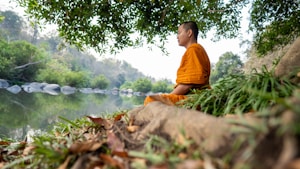 A person in an orange robe sits peacefully on a grassy riverbank, surrounded by lush greenery and rocks. The serene river reflects the trees, creating a calm and tranquil atmosphere. The individual appears to be meditating, embodying a sense of calmness and introspection.