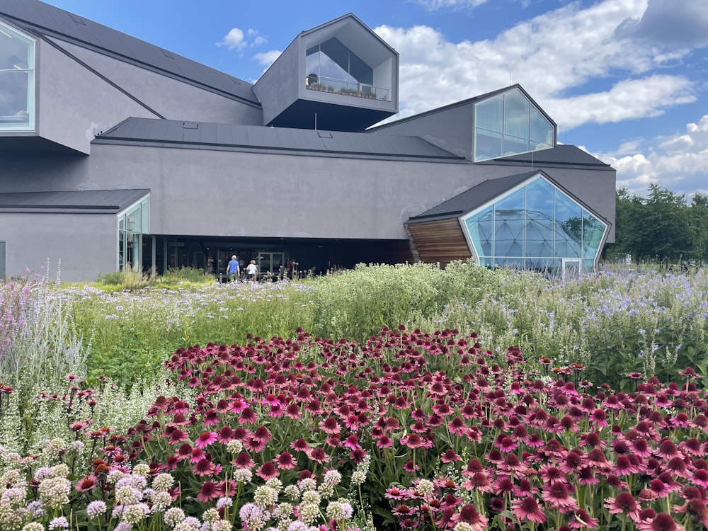 a large building with a garden of flowers in front of it