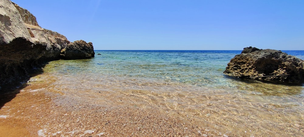 a sandy beach with rocks and water