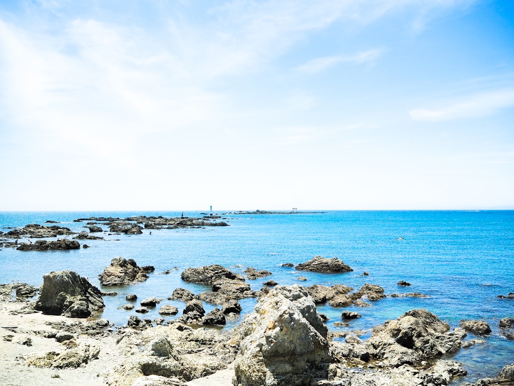 a rocky beach with a body of water in the background