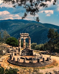 a cemetery with Delphi in the background