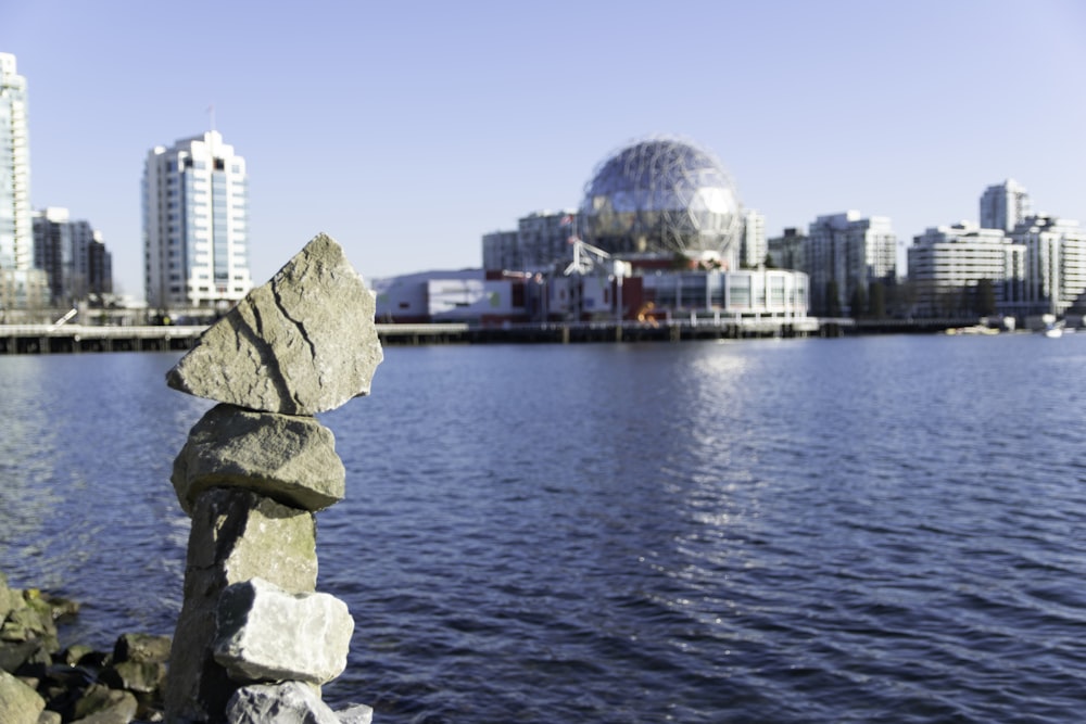 a rock on a rock by the water with a city in the background