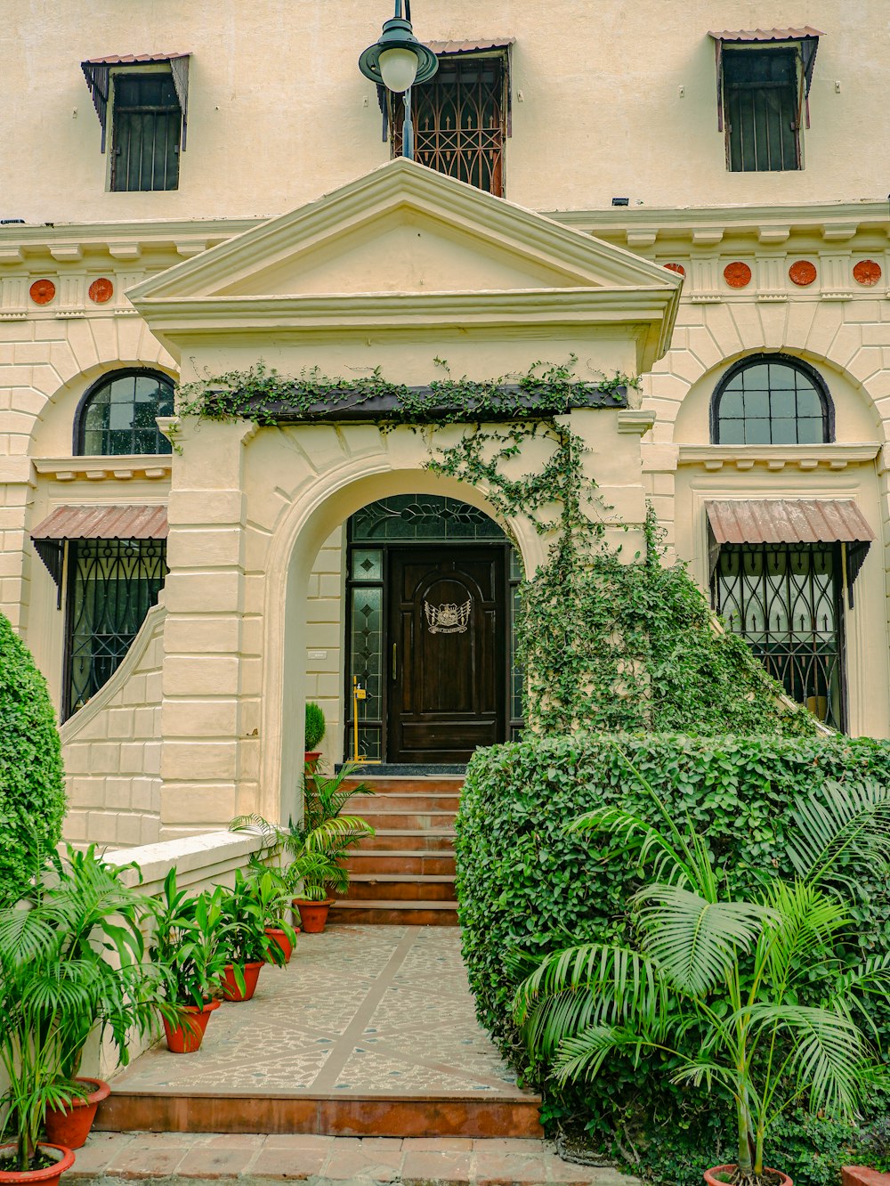 a building with a large door and windows