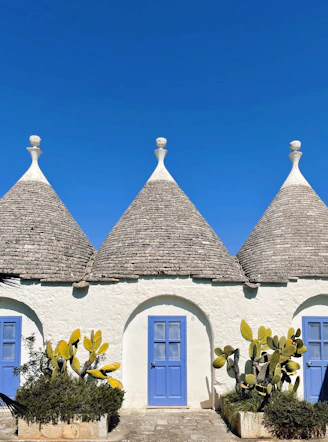 a house with blue doors and a roof with a blue door with Alberobello in the background
