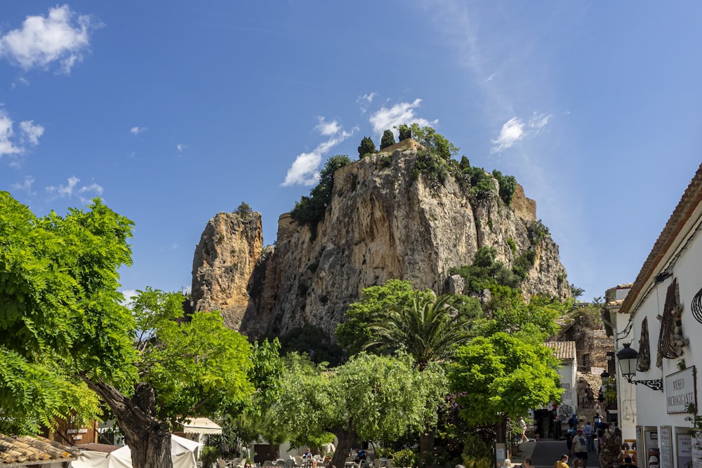 a large rock formation with trees and people below
