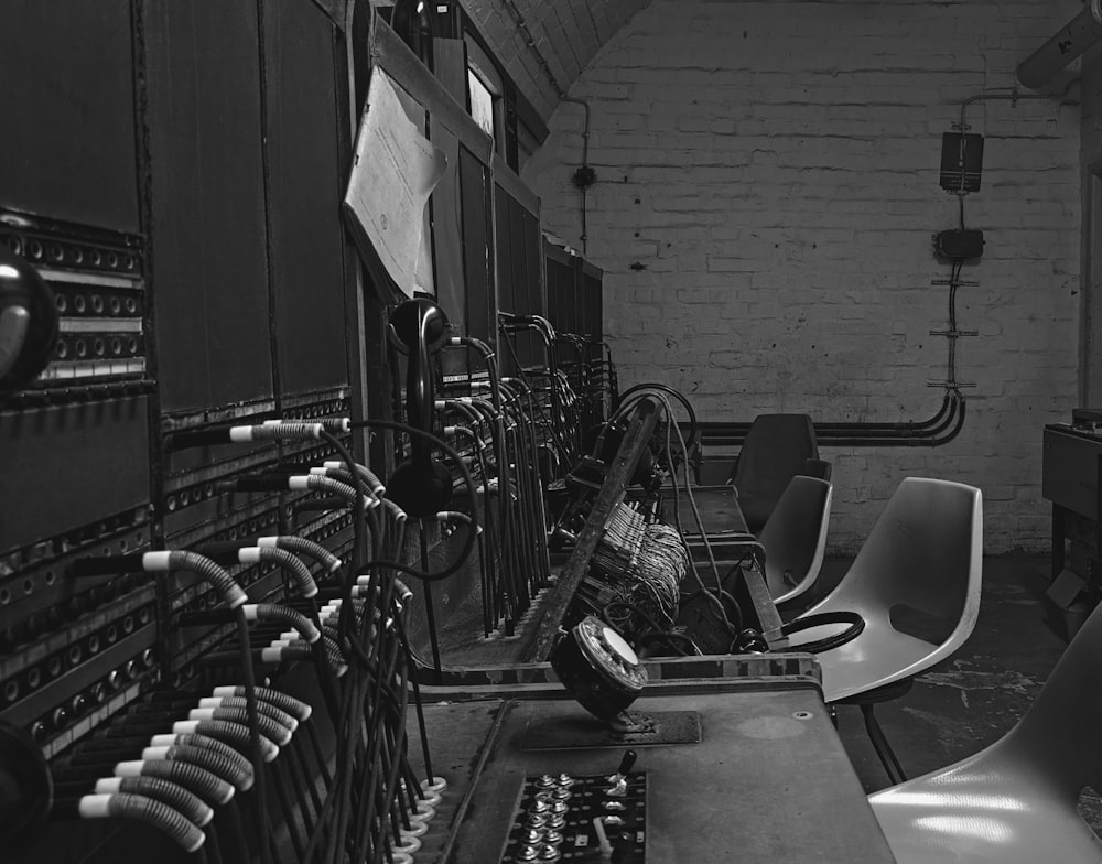 a room with bicycles and chairs