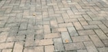 A paved surface made of interlocking bricks arranged in a herringbone pattern. A few scattered autumn leaves are present on the ground, and some moss or weeds can be seen growing between the bricks.