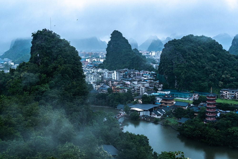 a river with buildings and trees around it