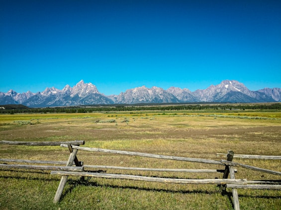 A panoramic view of Mystic Mountain Ranch with rolling hills, golden fields, and rustic wooden fences under a clear blue sky.