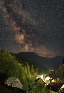 The Milky Way arching brightly over a quiet Bhutanese village nestled among dark hills