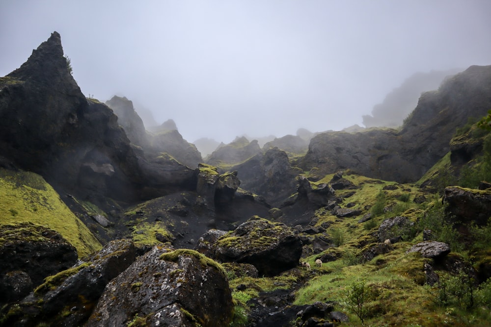 a rocky mountain with fog